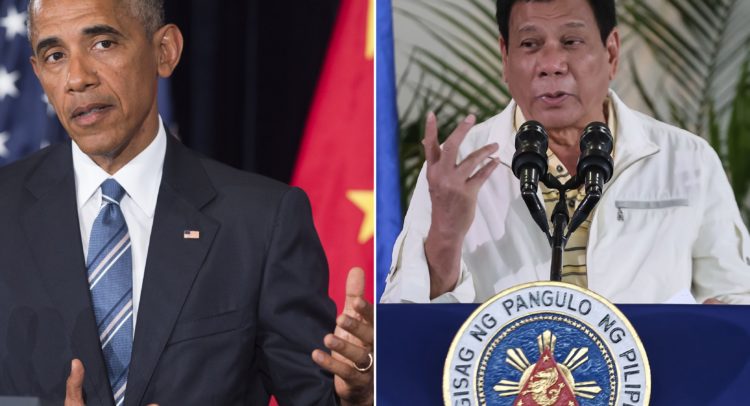 This combination image of two photographs taken on September 5, 2016 shows, at left, US President Barack Obama speaking during a press conference following the conclusion of the G20 summit in Hangzhou, China, and at right, Philippine President Rodrigo Duterte speaking during a press conference in Davao City, the Philippines, prior to his departure for Laos to attend the ASEAN summit. 

US President Barack Obama on September 5 called a planned meeting with Rodrigo Duterte into question after the Philippine leader launched a foul-mouthed tirade against him.
 / AFP / Saul LOEB AND MANMAN DEJETO        (Photo credit should read SAUL LOEB,MANMAN DEJETO/AFP/Getty Images)