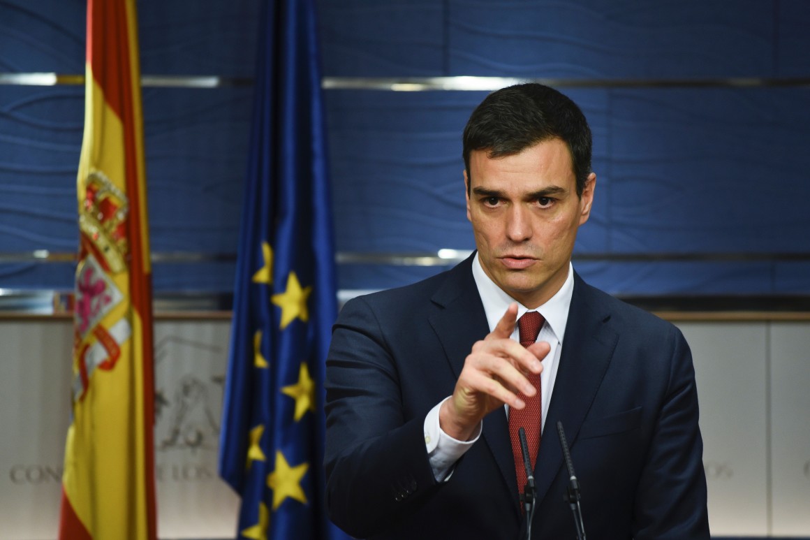 Spanish Socialist Party (PSOE) leader Pedro Sanchez speaks during a press conference at the Spanish Parliament in Madrid on February 2, 2016 after a meeting with Spain's king. Spain's King Felipe VI began on January 1, 2016 a second session of meetings with party leaders in a bid to break a political impasse over the formation of a new government following an inconclusive election on December 2015. AFP PHOTO/ PEDRO ARMESTRE / AFP / PEDRO ARMESTRE (Photo credit should read PEDRO ARMESTRE/AFP/Getty Images)