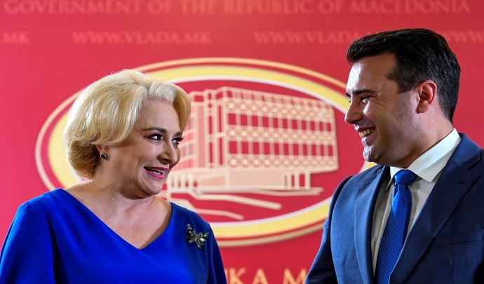 Romanian Prime Minister Vasilica Viorica Dancili (L) accompanied by her FYR of Macedonia counterpart   Zoran Zaev (R) react after the joint press conference in the Government building in Skopje, The Former Yugoslav Republic of Macedonia on 27 July 2018.Romanian Prime Minister Vasilica Viorica Dancili arrived in official visit to FYROM.