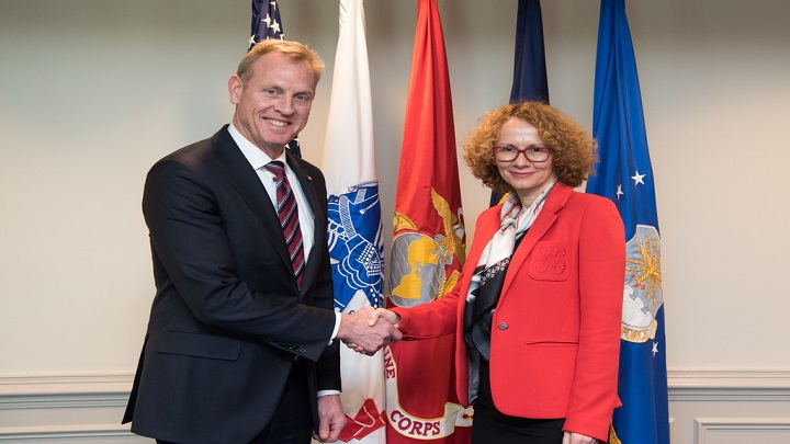Acting U.S. Secretary of Defense Patrick M. Shanahan and the Acting Assistant Secretary of Defense for International Security Affairs Kathryn Wheelbarger meet with The Minister of Defense of the Republic of North Macedonia Radmila Šekerinska at the Pentagon in Washington, D.C., Mar. 6, 2019. (DoD photo by U.S. Army Sgt. Amber I. Smith)