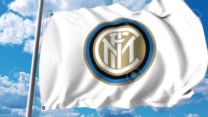 Waving flag with Inter Milan football club logo. Editorial 3D