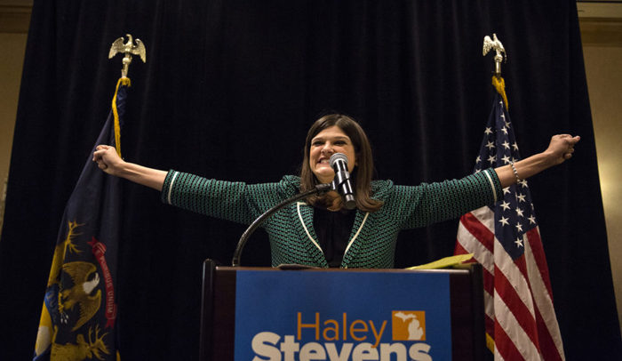 Democratic candidate and winner of Michigan's 11th Congressional District Haley Stevens addresses the crowd at the Townsend Hotel in Birmingham, Mich. on Tuesday, Nov. 6, 2018.