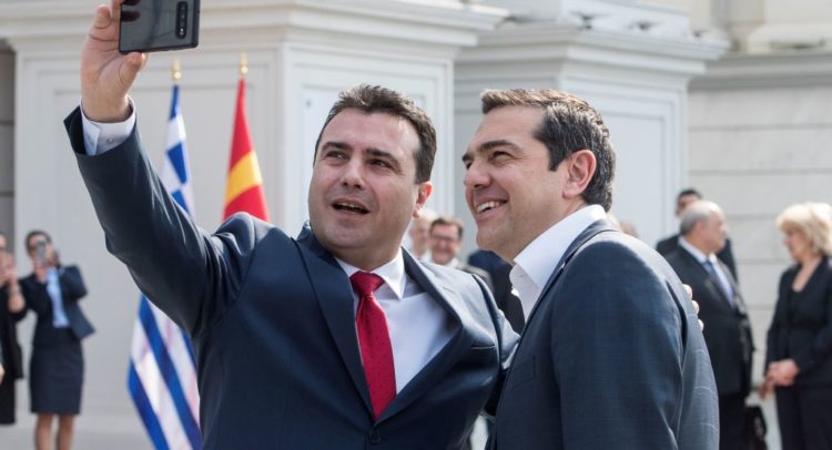 Macedonian Prime Minister Zoran Zaev (L) makes a selfie with his Greek counterpart Alexis Tsipras prior to their meeting in Skopje on April 2, 2019. - The one-day trip comes a month after Alexis Tsipras and his Skopje counterpart Zoran Zaev finalised the deal that added "North" to Macedonia's name to distinguish it from a bordering province in Greece. (Photo by Robert ATANASOVSKI / AFP)        (Photo credit should read ROBERT ATANASOVSKI/AFP/Getty Images)