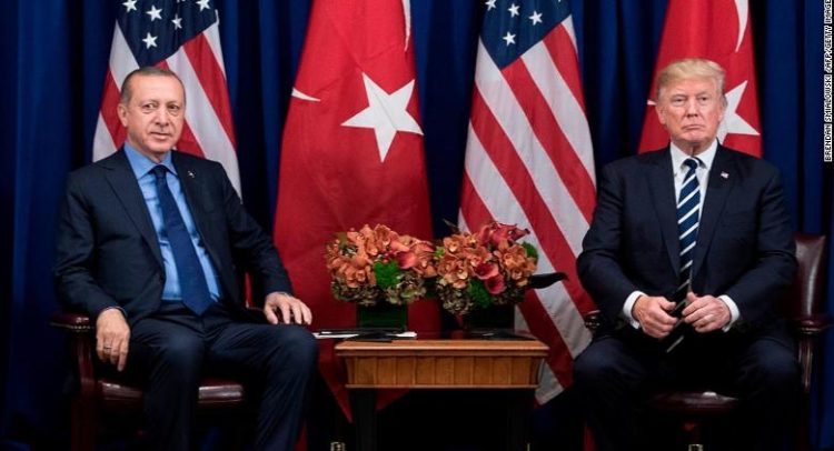 Turkey's President Recep Tayyip Erdogan and US President Donald Trump wait for a meeting at the Palace Hotel during the 72nd United Nations General Assembly September 21, 2017 in New York City. / AFP PHOTO / Brendan Smialowski        (Photo credit should read BRENDAN SMIALOWSKI/AFP/Getty Images)