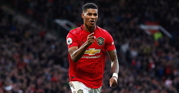 Manchester United's Marcus Rashford celebrates scoring his side's third goal of the game during the Premier League match at Old Trafford, Manchester.