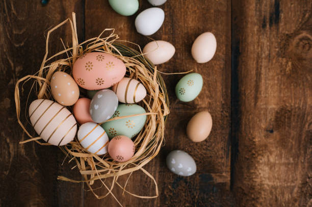 Easter Eggs on Wooden Background